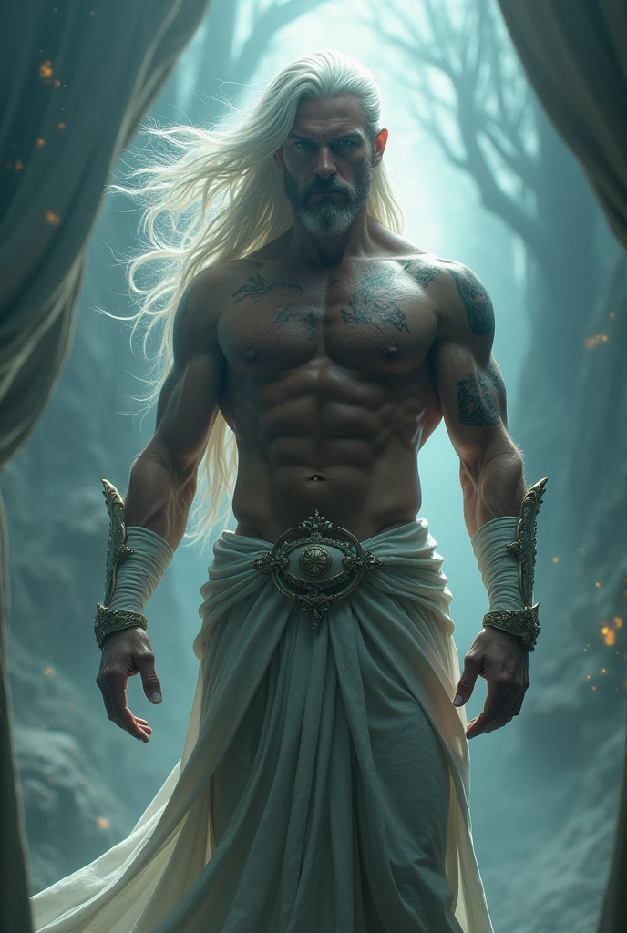 a guy with white and long hair with fit body size