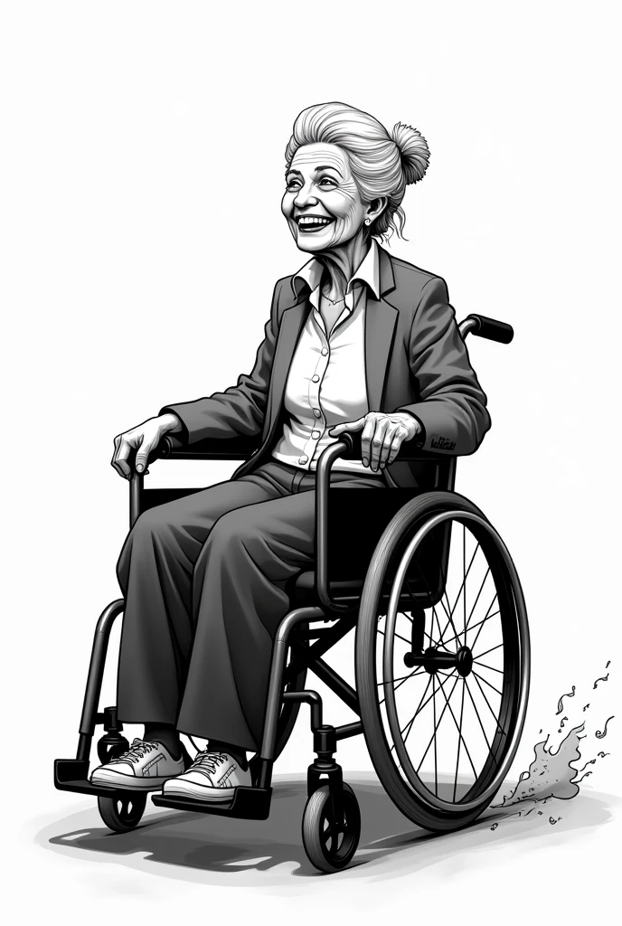 Dans le style shonen, crée une femme  d'une de 80 ans en fauteuil roulant.
Elle arbore un sourire et est heureuse
En noir et blanc avec des traits apparrant et simple à réaliser