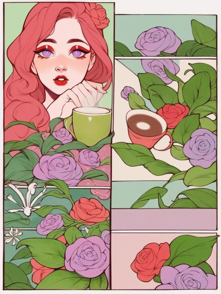 score_9, score_8_up, score_7_up, score_6_up,  p4n3ls, 1girl, coffee, flowers, long hair, panels, White skin, looking at viewer, doe eyes, Exquisite eyes,Red Eyeshadow, Red lips, Ukiyo-e, masterpiece, high quality, ，Bare shoulders, Hair color (light lilac)short, lavender eye color, aesthetic panels