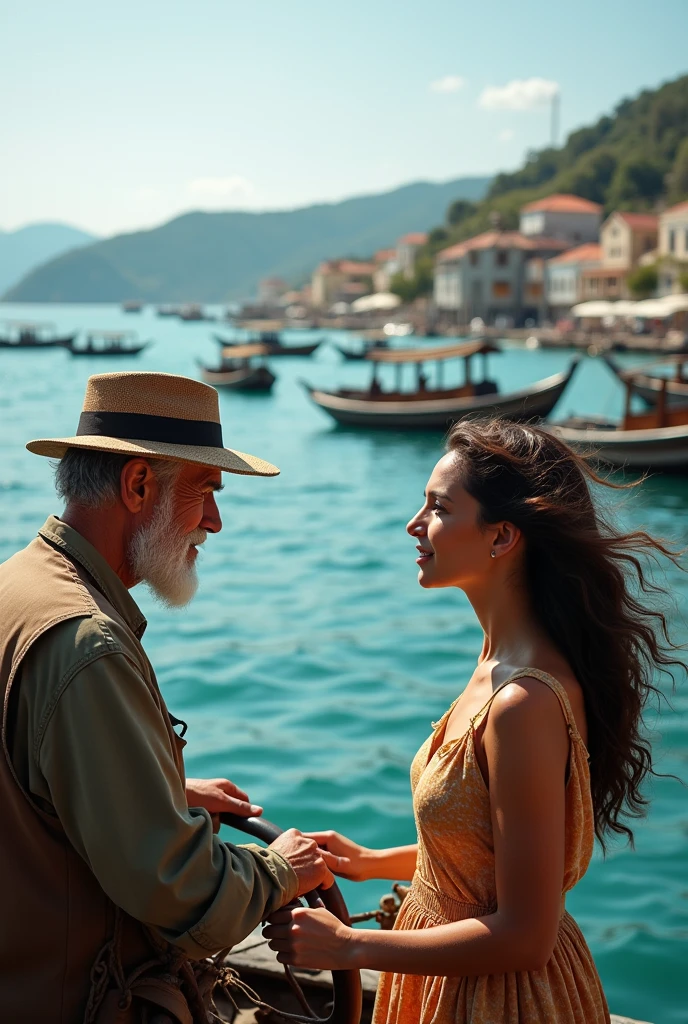 a photo，Shot with Canon EOS camera，Fishing boats，The old captain is sailing，Beautiful woman looking at the scenery