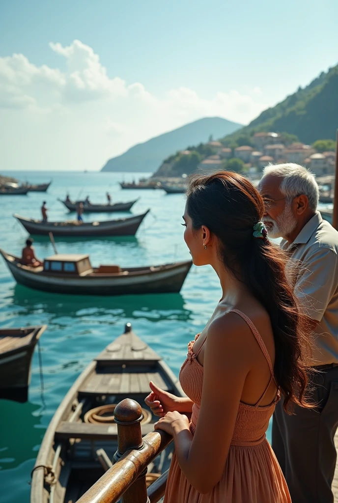 a photo,Shot with Canon EOS camera,Fishing boats,The old captain is sailing,Beautiful woman looking at the scenery