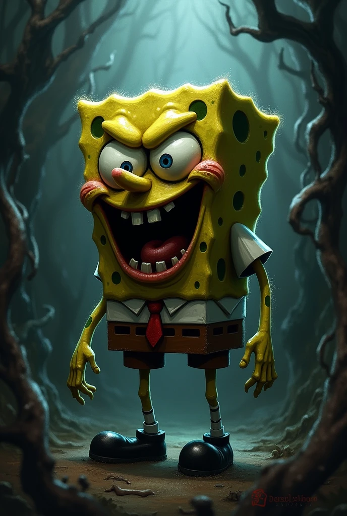 Satanic sponge bob, dark horror style drawing