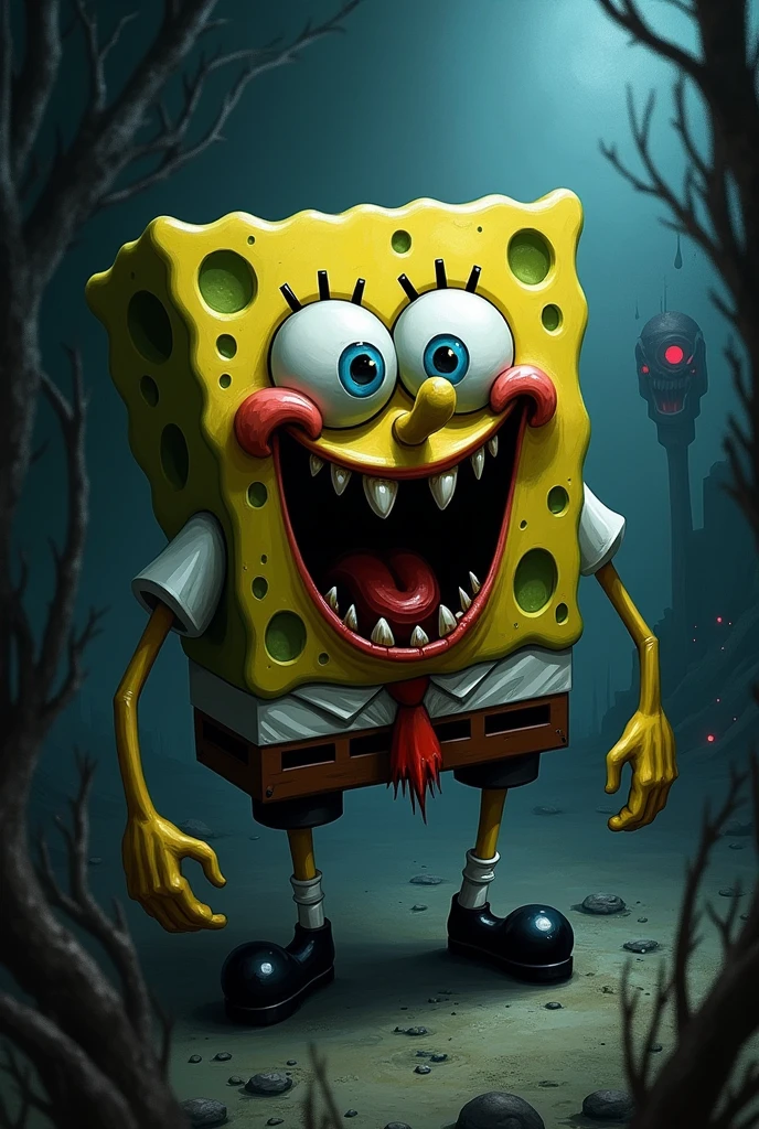 Satanic sponge bob, dark horror style drawing