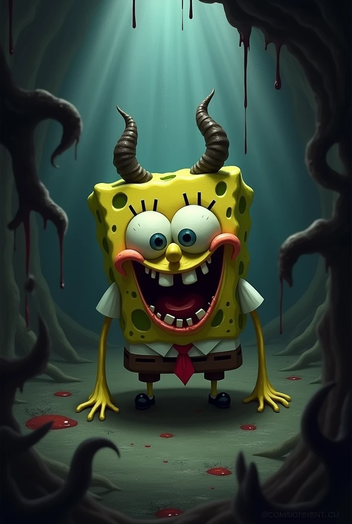 Satanic sponge bob, dark horror style drawing