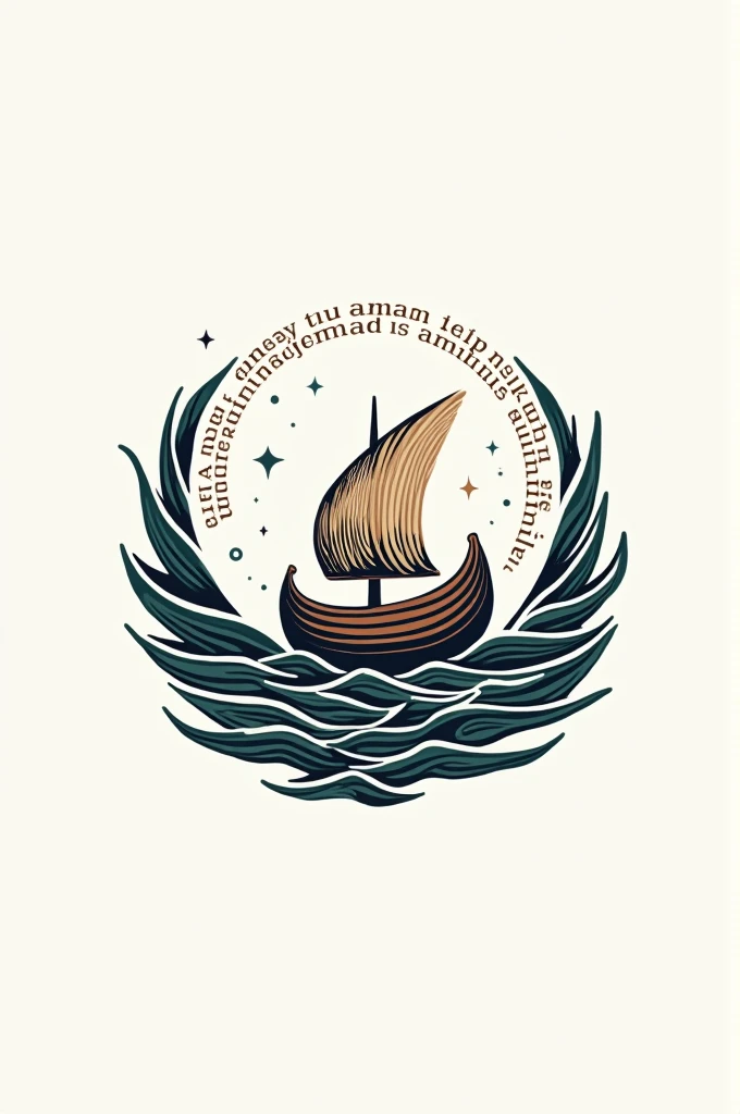 Please create a logo na may sa center nito ay may Balangay (ancient Filipino boat) sailing across waves, where the waves are actually flowing lines of text in Filipino. The boat is made of quill. And the upper part of the boat make it as a book style.