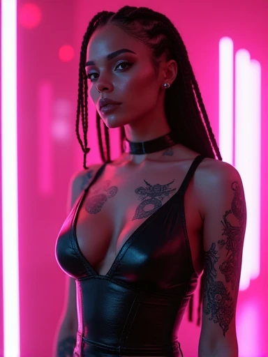 Dystopian Fashion cyberpunk full body ultra hot gorgeous woman. age 23.epic cleavage (100e breast size) tattoos, dreadlock hair, cyberpunk leather dress, photorealistic, Cyberpunk pink glow background