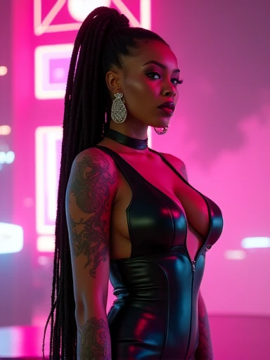 Dystopian Fashion cyberpunk full body ultra hot gorgeous woman. age 23.epic cleavage (100e breast size) tattoos, dreadlock hair, cyberpunk leather dress, photorealistic, Cyberpunk pink glow background