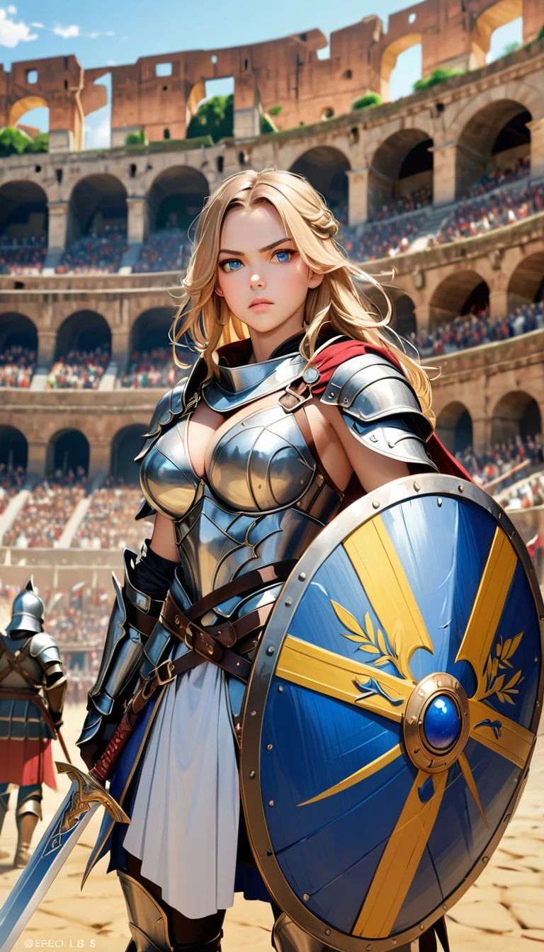 score_9, score_8_up, score_7_up, score_6_up,(scowled:1.3),(Realistic、Narrow eyes、female knight、Big Breasts、woman wearing leather armor, Female Warrior, Very beautiful woman),(Blonde, blue eyes,),Cool adult woman、(Arena、Colosseum, Fighting while being watched by the crowd),(Holding a sword and shield,Combat Ready、Ready your sword、battle)、Depth of written boundary