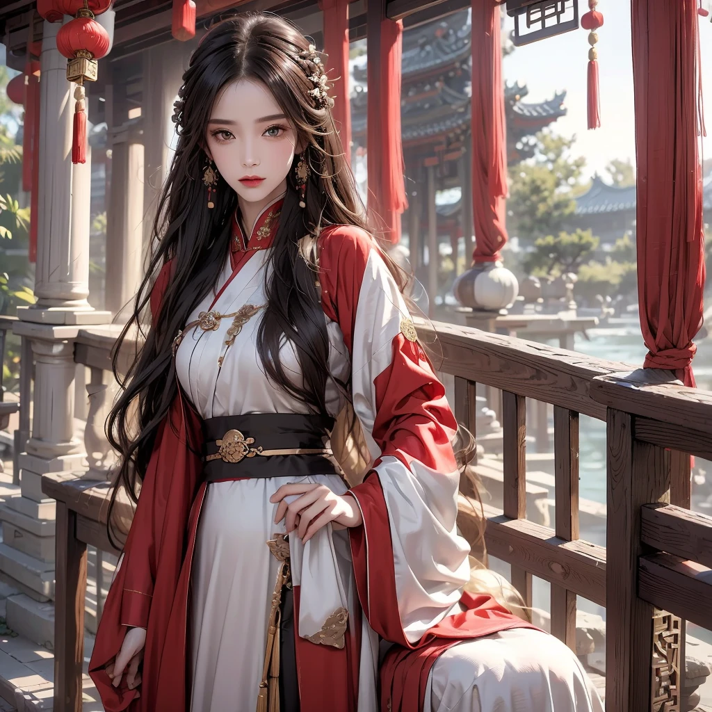Realistic, High resolution, 1 female, Hip Up, Beautiful Eyes, Long Hair, The eyes are round, jewelry, transverse flute, Hanfu, Chinese Fairy, Taoist Uniform, fortune teller, 白髪Long Hair,