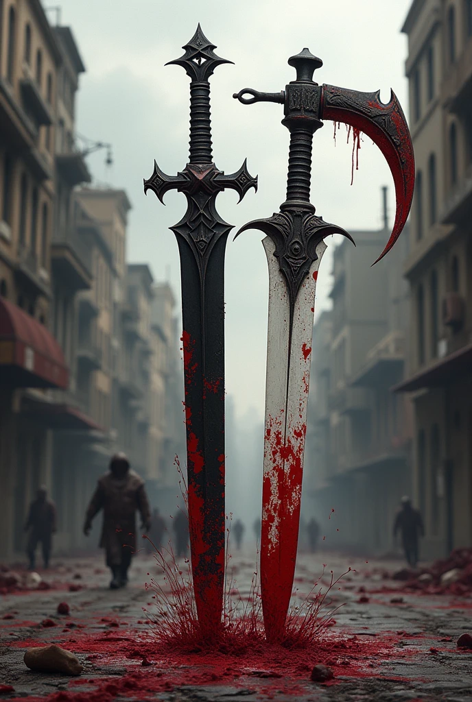 Header design: A blood-stained jet-black dagger and a blood-stained white halberd. The background is a group of buildings with lots of blood stains.