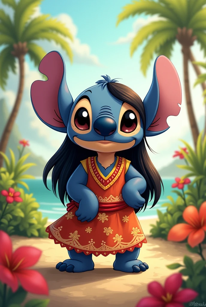 Stitch mimicking Lilo's appearance with tan body color, her hair and her clothes