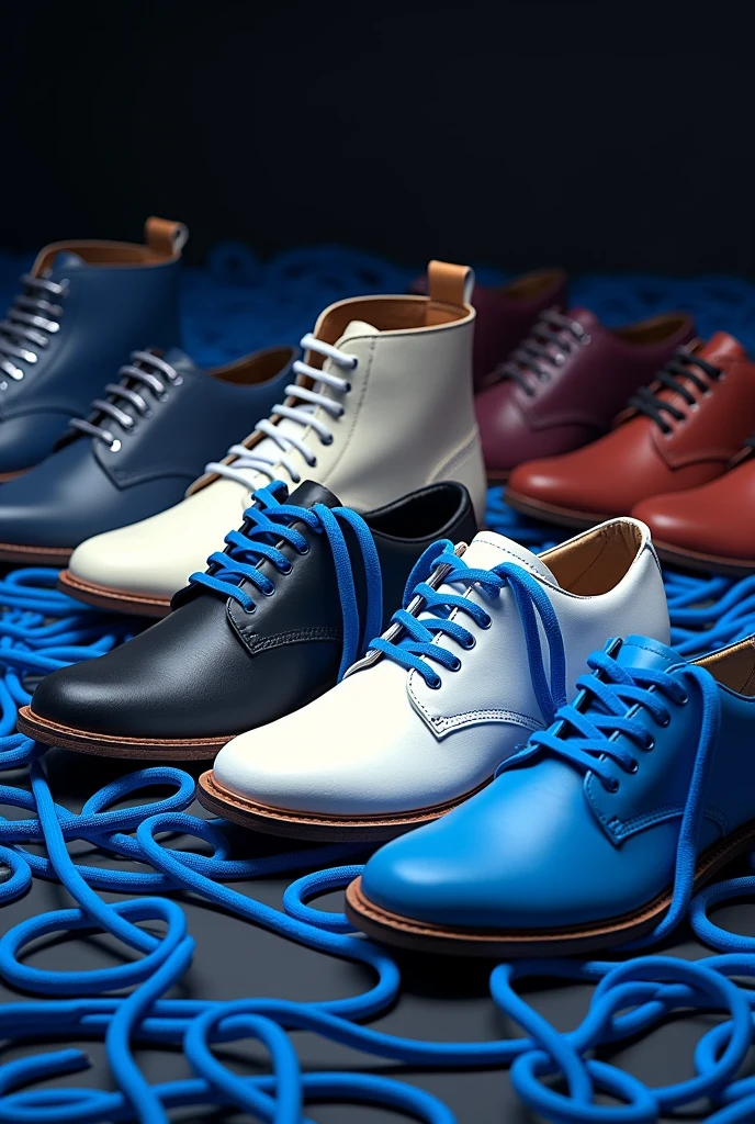 Can you create a poster with lots of blue shoe laces?, white, noir, Marron, rot, beige