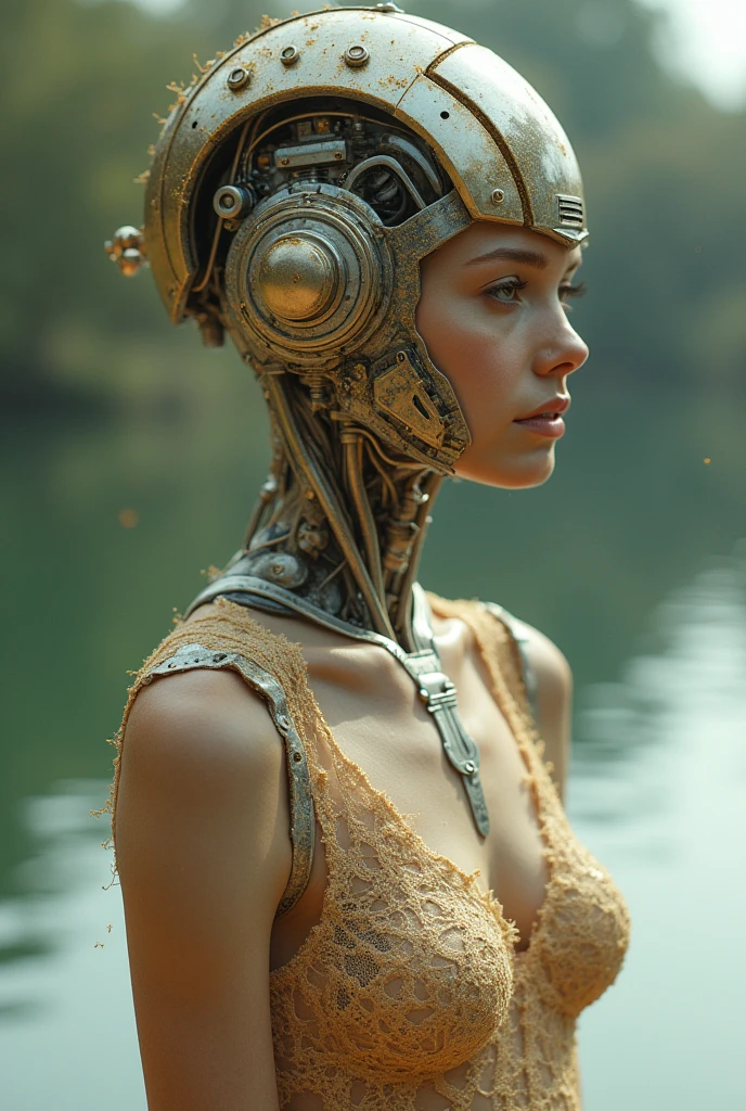 Cyborg girl in gold dust and lace plug suit、Actual item、Detailed skin、photograph、Lakeside、cyber punk、nsfw:1.2、、((Unknown technology))、((Model pose))、Exposed internal machinery
