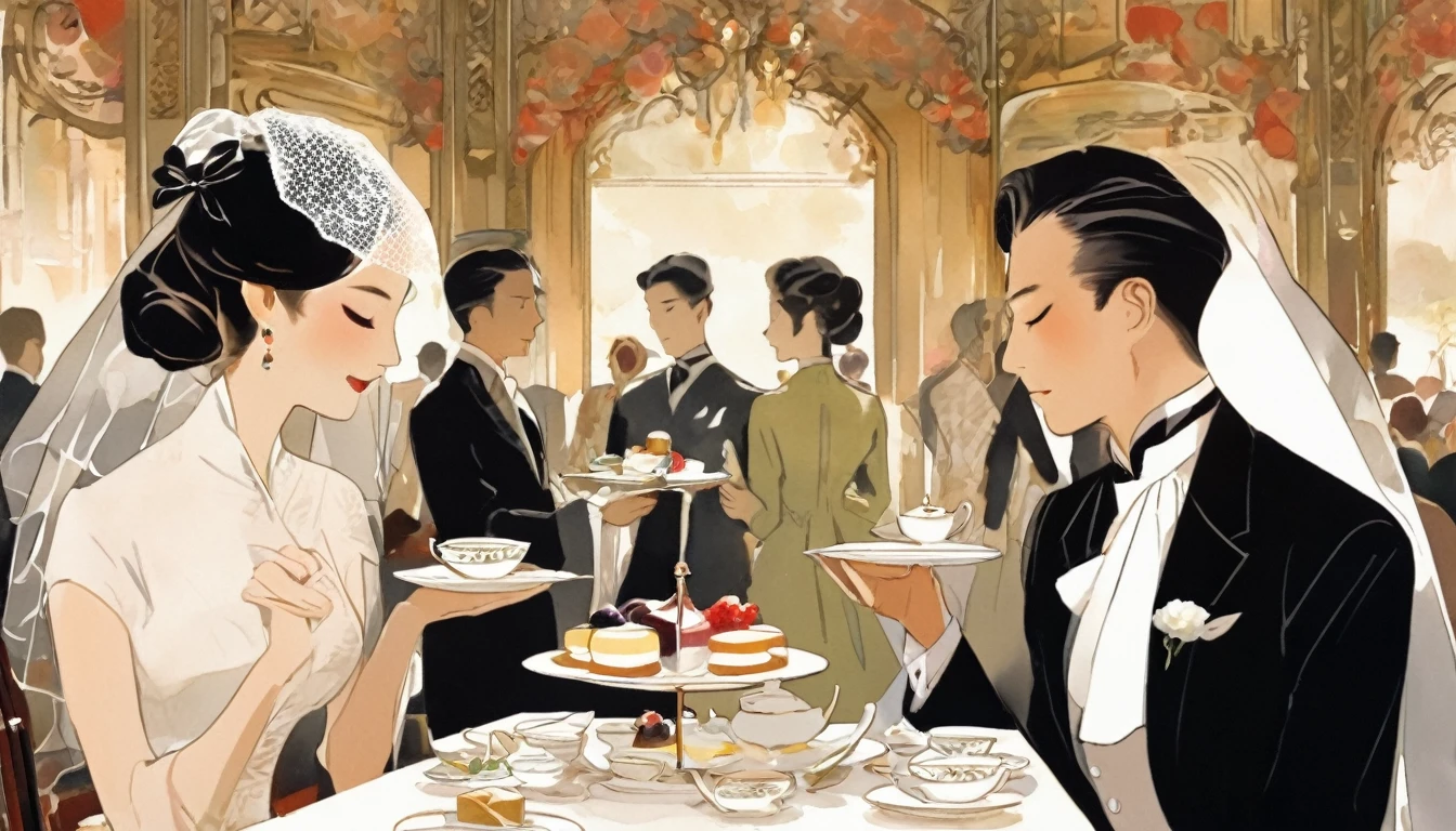 Men and women dining face to face,afternoon tea,The man has a veil covering his eyes