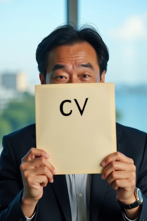 A 40-year-old Japanese office worker looks into the camera. Uncle smiled brightly, holding the CV covering half of his face. His eyes lit up with humor. . Behind him is the office scene with a window view overlooking the park next to the sea.. Real person photo. Zoom close up.