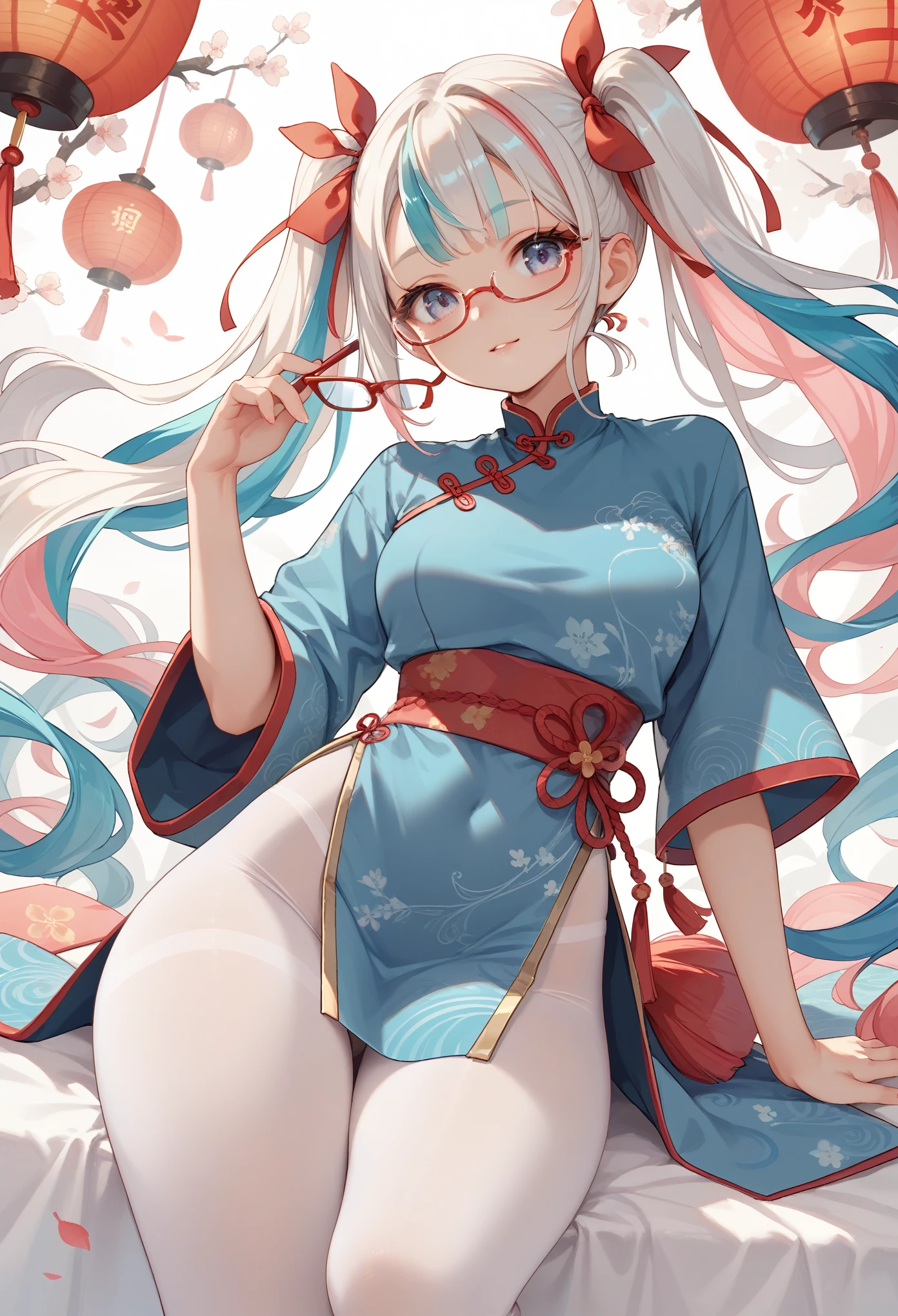 Zhezhi, twintails, multicolored hair, glasses, hair ribbon, chinese clothes, white pantyhose,