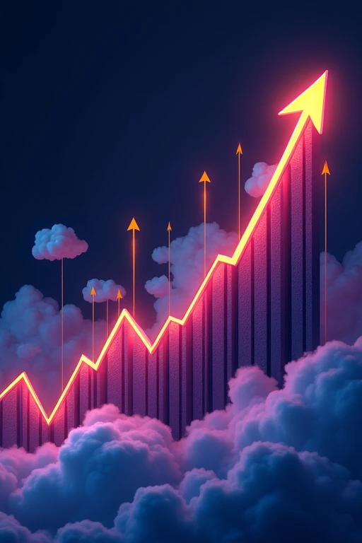A dramatic upward trending line graph showing CLOUD token's 47% surge, with cloud icons and upward arrows, vibrant colors on a dark background