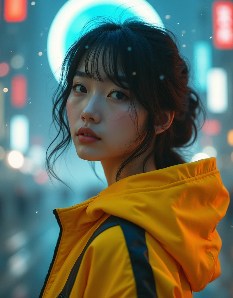 Masterpiece, 4K wallpaper, Masterpiece sci-fi cyberpunk city, fantasy sci-fi, neon glow lights city, ( Subject ( 1girl, A cute japanese women with beautiful hair, wearing an youth stylist oversized hoodie fashion, yellow, black and white stylist fashion, jumper hoodie and short solid cotton trousers, the hoodie stylist masterpiece.))
( Pose (Relaxed, with dance pose, masterpiece. Medium breast.))
( Setting (ultra realistic, sci-fi theme, A mystic environment, cyberpunk city with neon glow lights and a glow light portal.))
( Face ( absolute detail of face masterpiece, detail skin pores masterpiece, oil skinny, beautiful japanese girl, detail of face.))
( Perfect human body, perfect human fingers)
( Lighting (Dramatic side lighting with a warm and cool light masterpiece, absolute face and body lighting teqnique, sunlit glow and light rays, masterpiece object lighting and detail.))
(detail of absolute futuristic fashion a masterpiece), rahnday style photography, the sense of photography), sea art infinity.)
( Style (Hyper-realistic, cinematic, with a focus on detail and texture, octan render 4K quality masterpiece.))
( Technical Specifications (Shot from a medium long shot, below-up perspective, with a Fujifilm XT-4 with Fujinon 50mm lens at f/1.2.))
(((Additional Notes)
 ( Focus on Key Elements (Emphasize the woman, her clothing, and the dramatic city backdrop.))
 ( Visual Effects (Include cinematic grains, falling glow particles, and a blurred background with white fog.))