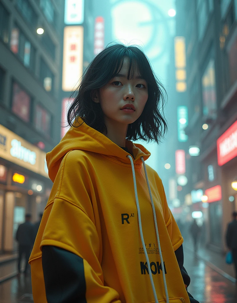 Masterpiece, 4K wallpaper, Masterpiece sci-fi cyberpunk city, fantasy sci-fi, neon glow lights city, ( Subject ( 1girl, A cute japanese women with beautiful hair, wearing an youth stylist oversized hoodie fashion, yellow, black and white stylist fashion, jumper hoodie and short solid cotton trousers, the hoodie stylist masterpiece.))
( Pose (Relaxed, with dance pose, masterpiece. Medium breast.))
( Setting (ultra realistic, sci-fi theme, A mystic environment, cyberpunk city with neon glow lights and a glow light portal.))
( Face ( absolute detail of face masterpiece, detail skin pores masterpiece, oil skinny, beautiful japanese girl, detail of face.))
( Perfect human body, perfect human fingers)
( Lighting (Dramatic side lighting with a warm and cool light masterpiece, absolute face and body lighting teqnique, sunlit glow and light rays, masterpiece object lighting and detail.))
(detail of absolute futuristic fashion a masterpiece), rahnday style photography, the sense of photography), sea art infinity.)
( Style (Hyper-realistic, cinematic, with a focus on detail and texture, octan render 4K quality masterpiece.))
( Technical Specifications (Shot from a medium long shot, below-up perspective, with a Fujifilm XT-4 with Fujinon 50mm lens at f/1.2.))
(((Additional Notes)
( Focus on Key Elements (Emphasize the woman, her clothing, and the dramatic city backdrop.))
( Visual Effects (Include cinematic grains, falling glow particles, and a blurred background with white fog.))