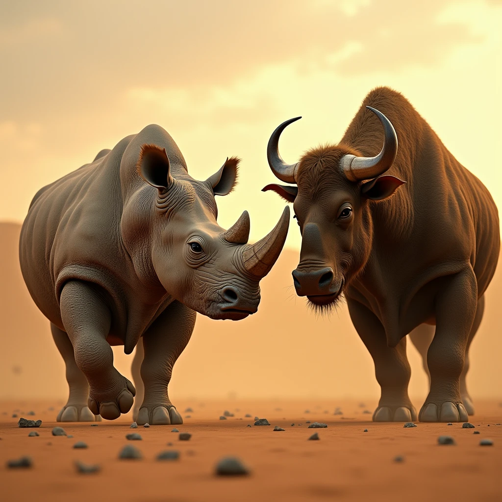 Realistic rhino and  bull), majestic animals, fierce expressions, united in harmony, an empty desert landscape, golden sand dunes, sun setting on horizon, warm hues of orange and yellow, soft shadows, serene atmosphere, ultra-detailed fur textures, captivating eyes, high quality, vivid imagery, cinematic clarity, highlighting the beauty of nature.