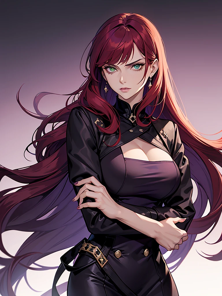 green eyes, red hair with long bangs, noble. sadistic women, wavy long hair. strong woman. purple jacket. she quiet. wear purple and black outfit. background in luxury mansion. dominant woman. mafia. mature woman. girl boss. badass woman. gangster