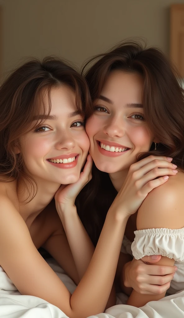 a beautiful girl lying on a bed, another beautiful girl next to her, both girls smiling and laughing, detailed facial features, long eyelashes, beautiful lips, clear skin, messy hair, soft lighting, warm color tones, (best quality,4k,8k,highres,masterpiece:1.2),ultra-detailed,(realistic,photorealistic,photo-realistic:1.37),intricate details,radiant skin,high quality portrait,soft focus,dreamy,pastel colors,warm lighting