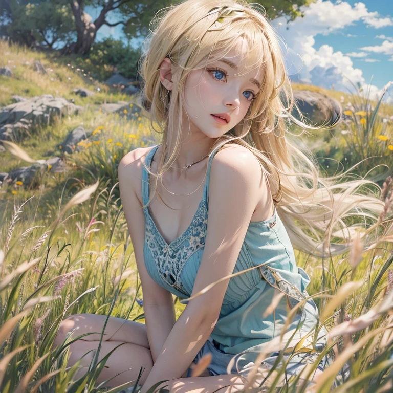masterpiece: 1.2, Portraiture, Highest quality), Realistic, (Live Action, Intricate details, Written boundary depth), Highest quality, masterpiece, Attention to detail, semi-Realistic, On the grass, shy, 2, Short blonde, blue eyes, blonde、 Slim figure、Shoulder Bare、Shorts 、Blue sky and a few clouds、On the grassで転がる