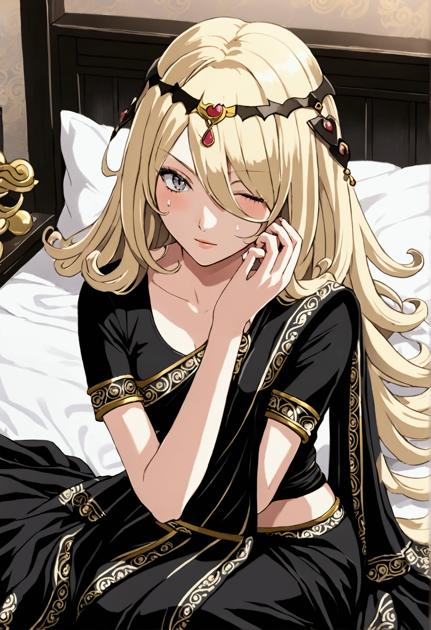 ((((Cynthia from Pokemon)))), (((wearing black thin Indian saree))) ,wavy knee‐length creamy‐blonde hair that covers her left eye with bangs, on a bed , romantic surrounding, Laying on the bed , photo session , grey eyes, black eyelids, sexy expressions , one adult mature women, human body structure , no ornaments, steam in room , sweating , Pokemon plushies behind misty , saree with golden printed design,((( her hairs covering left eye))), Her hair has two ornaments on both sides of her head, her ornaments resembles two black teardrops with a gold stripe on each tear 