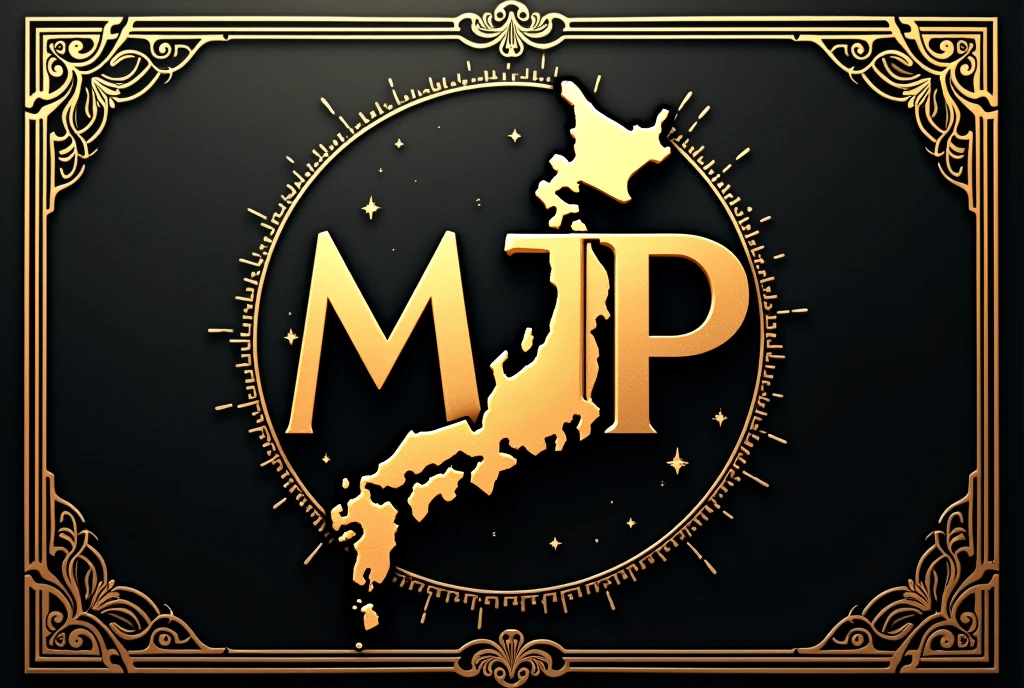 A logo design was created with the letters MJP in the center.。Japanese style、high quality, A luxurious image. In the center is a map of Japan、The world map is hidden、All designs are framed in a gorgeous gold frame。