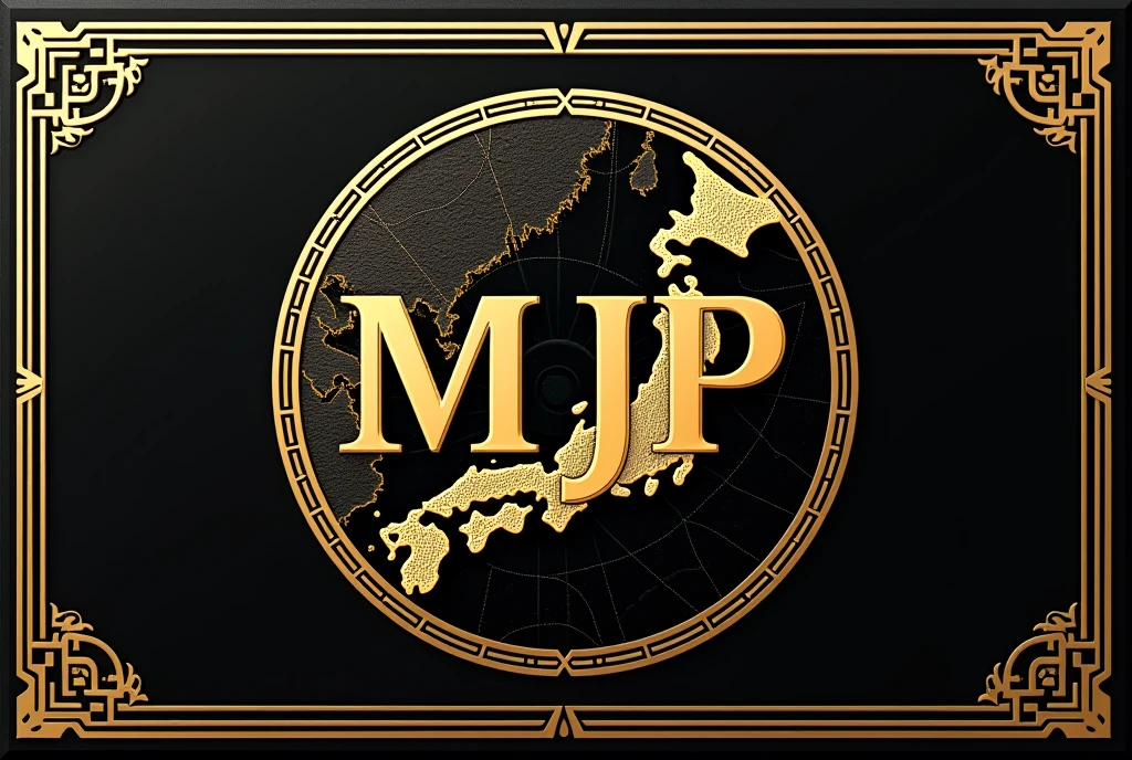 A logo design was created with the letters MJP in the center.。Japanese style、high quality, A luxurious image. In the center is a map of Japan、The world map is hidden、All designs are framed in a gorgeous gold frame。