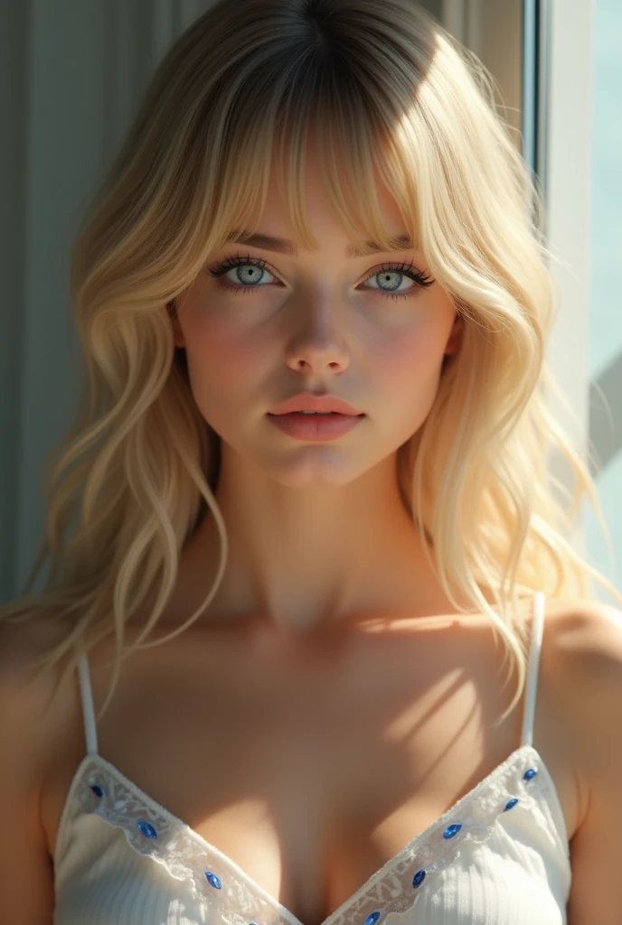 (masterpiece), realistic, (portrait of a girl), beautiful face, sunlight, cinematic light, bangs, a beautiful woman, beautiful eyes, blond hair, perfect anatomy, very cute, princess eyes , (blue eyes) , (frame the head), Centered image, stylized, bioluminescence, 8 life size,8k Resolution, white low-cut dress with small blue details, human hands, wonder full, elegant, approaching perfection, dynamic, highly detailed, character sheet, concept art, smooth, facing directly at the viewer positioned so that their body is symmetrical and balanced, stunningly beautiful age girl, detailed hairstyle,underwear,