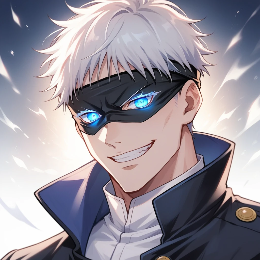 1boy, male focus, gojou satoru, jujutsu kaisen, black jacket, blindfold lift, blue eyes, glowing, glowing eyes, high collar, jacket, jujutsu tech uniform, solo, grin, white hair, masterpiece, best quality, very aesthetic, absurdres