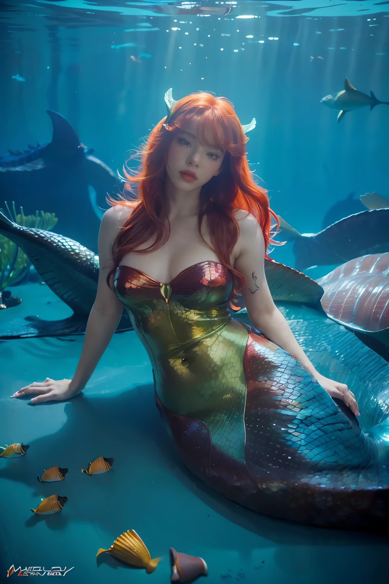 ((Masterpiece, best quality, very detailed), Volumetric light, surrounding occlusion, colorful, glow), 1 girl, alone, young girl, (red hair), long hair, goddess, cybersuits, (Mermaid design:1.3), coral, under the sea, castle, Atlantis, (Cyberpunk theme:1.2), (((The Little Mermaid))). Ariel,