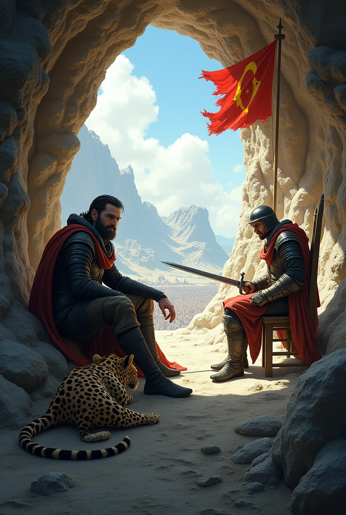A warrior is sitting in a cave, next to him is a leopard and a warrior is sitting on a chair, and he holds a sword in his hands. And a gap in the cave, there are wars behind and the Ossetian flag nearby, and he holds his helmet.