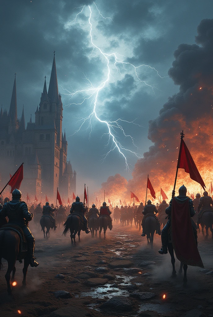 An epic battle unfolds on a rugged, ancient battlefield under a stormy sky. On one side, a fearless army of armored knights rides majestic, war-hardened horses, their banners fluttering defiantly. On the other, a horde of fierce, mythical creatures—dragons, giants, and orcs—swarms with wild, chaotic energy. Lightning crackles across the darkened sky, illuminating the clashing forces as magical spells and fiery explosions light up the scene. The ground is strewn with broken weapons and debris, while towering castles and dark forests loom in the background, hinting at the scale and stakes of the conflict. The entire scene is filled with dramatic motion and intense, dynamic colors."