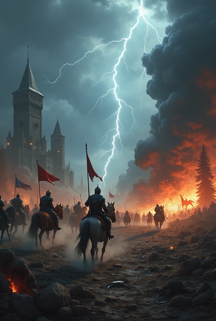 An epic battle unfolds on a rugged, ancient battlefield under a stormy sky. On one side, a fearless army of armored knights rides majestic, war-hardened horses, their banners fluttering defiantly. On the other, a horde of fierce, mythical creatures—dragons, giants, and orcs—swarms with wild, chaotic energy. Lightning crackles across the darkened sky, illuminating the clashing forces as magical spells and fiery explosions light up the scene. The ground is strewn with broken weapons and debris, while towering castles and dark forests loom in the background, hinting at the scale and stakes of the conflict. The entire scene is filled with dramatic motion and intense, dynamic colors."
