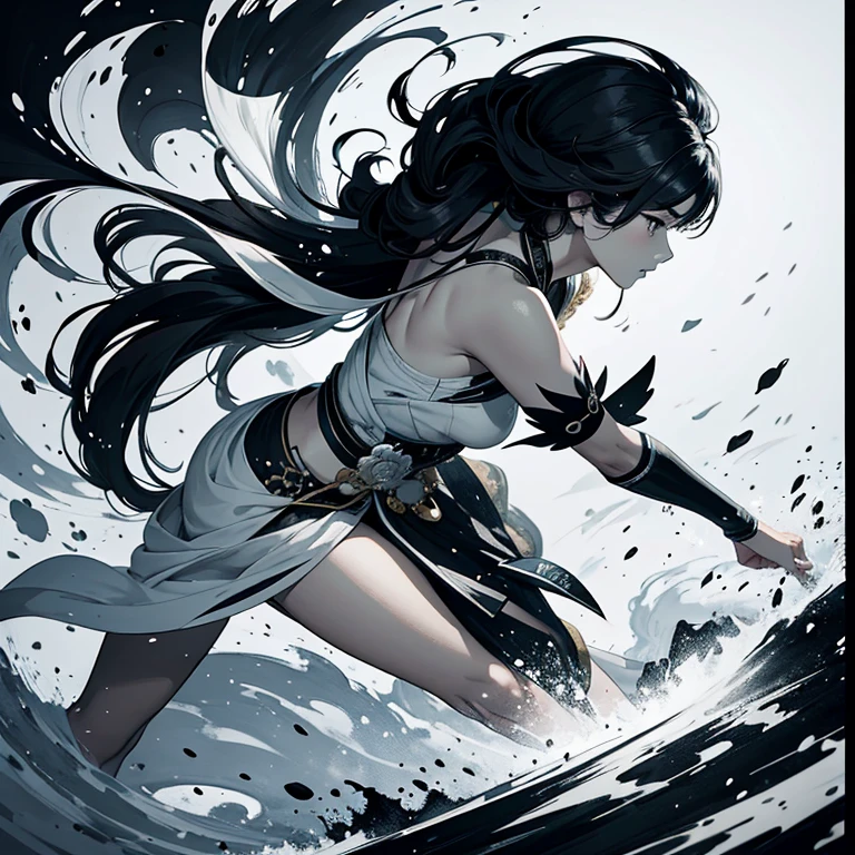 A work like a sumi-e painting, Drawn with a brush, Drawn in ink, Dynamic painting, One Woman, India, Very beautiful woman, Battle Scenes, Indiaの伝統武器,