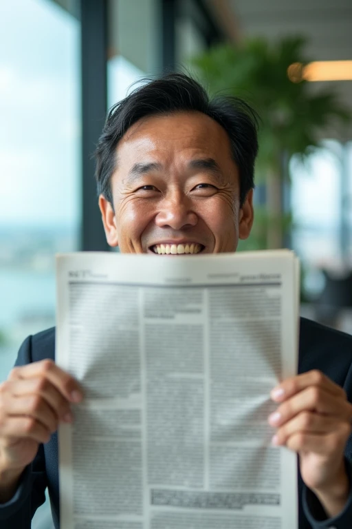 A 40-year-old Japanese office worker looks into the camera. Uncle smiled brightly, holding the newspaper to cover half of his face. His eyes lit up with humor. . Behind him is the office scene with a window view overlooking the park next to the sea.. Real person photo. Zoom close up.