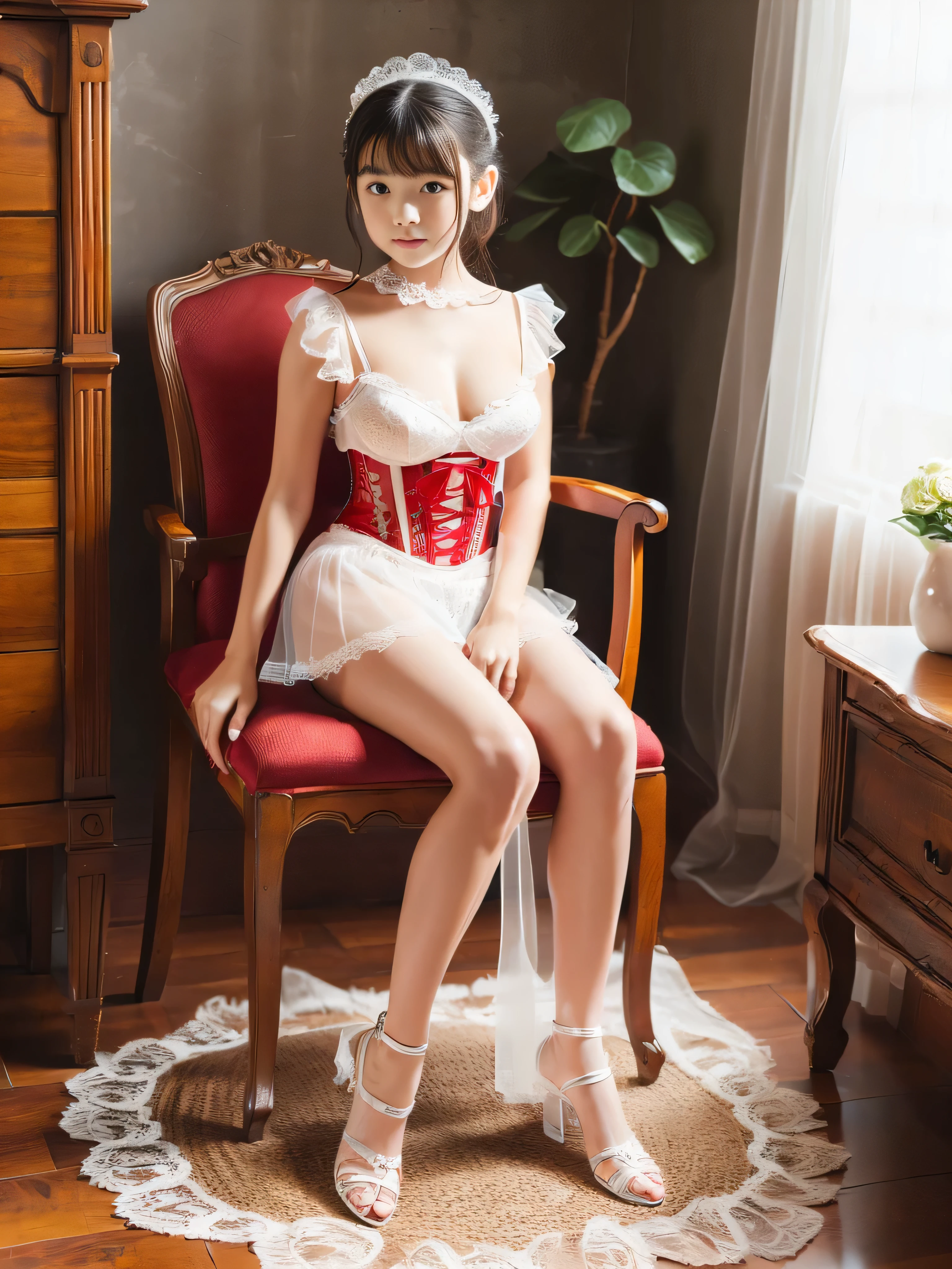 ((Full body portrait:1.5)),beautiful virgin with a baby face and childlike figure wearing pure white Sheer lace corset bustier,Sitting in a chair with a red face and staring blankly at something else,Multiple low angle shots,showing panties,Ultra high definition,Highest quality