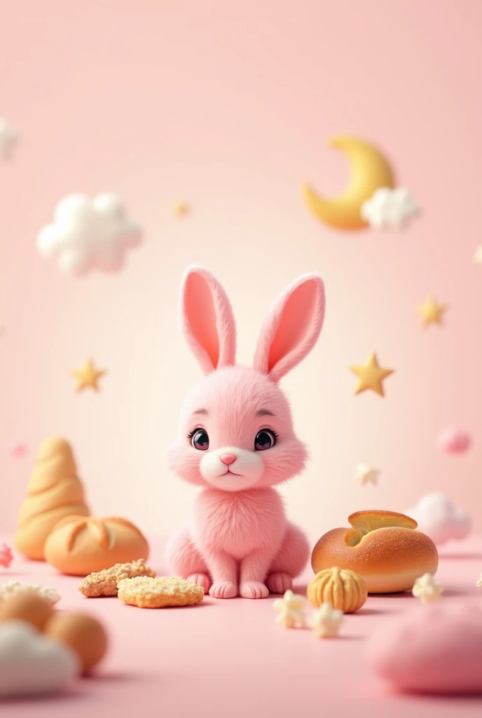 pink background application with rabbit is center of background and have toy such moon, bakery doesn't have a lot of decorations and spread all over