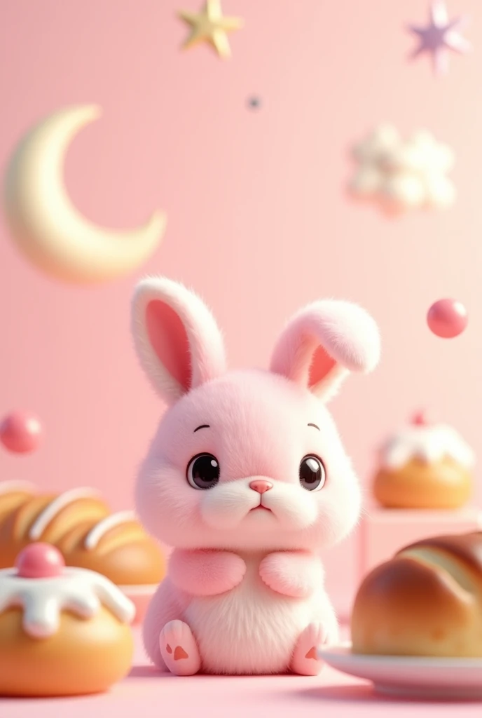 pink background application with rabbit is center of background and have toy such moon, bakery doesn't have a lot of decorations and spread all over