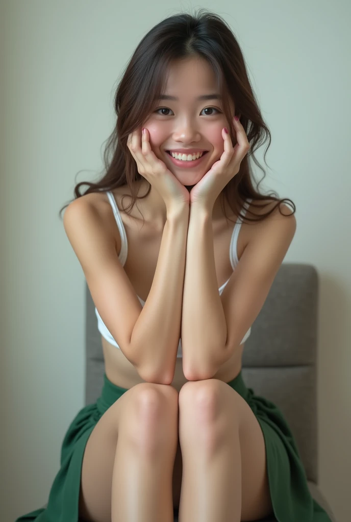 A girl sitting on a chair, The camera is placed in front of her and at chair height., Body facing towards the camera, The girl is wearing a white top and skirt, She rested her elbows on her knees、Face supported by hands, She is smiling, Her knees are open、I'm not wearing panties, Her vagina is shaved and clearly visible, The skirt is green and thigh-high., Realistic, 4K