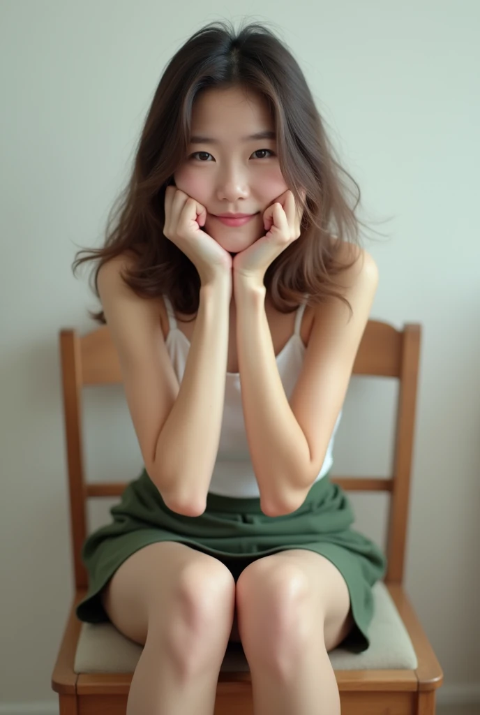 A girl sitting on a chair, The camera is placed in front of her and at chair height., Body facing towards the camera, The girl is wearing a white top and skirt, She rested her elbows on her knees、Face supported by hands, She is smiling, Her knees are open、I'm not wearing panties, Her vagina is shaved and clearly visible, The skirt is green and thigh-high., Realistic, 4K
