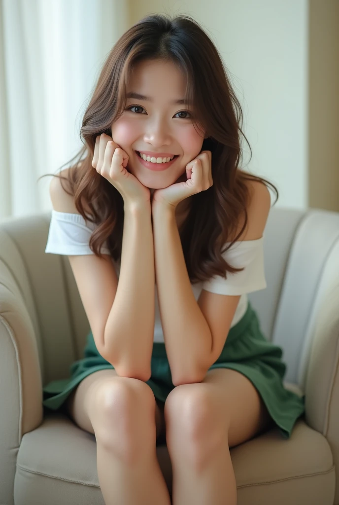 A girl sitting on a chair, The camera is placed in front of her and at chair height., Body facing towards the camera, The girl is wearing a white top and skirt, She rested her elbows on her knees、Face supported by hands, She is smiling, Her knees are open、I'm not wearing panties, Her vagina is shaved and clearly visible, The skirt is green and thigh-high., Realistic, 4K