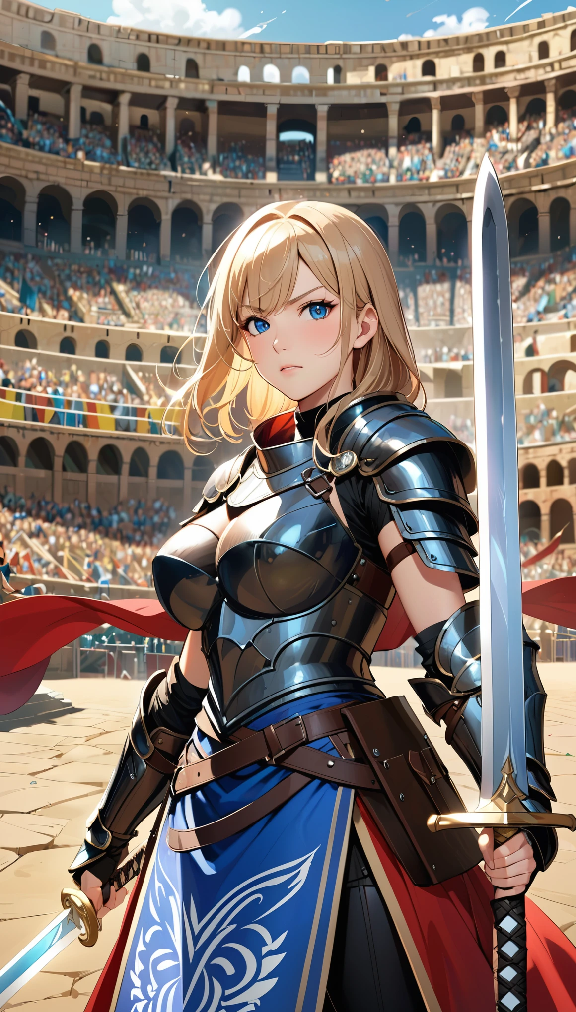 score_9, score_8_up, score_7_up, score_6_up,(scowled:1.3),(Narrow eyes、female knight、Big Breasts、woman wearing leather armor, Female Warrior, Very beautiful woman),(Blonde, blue eyes,),Cool adult woman、(amphitheater, Fighting while being watched by the crowd)