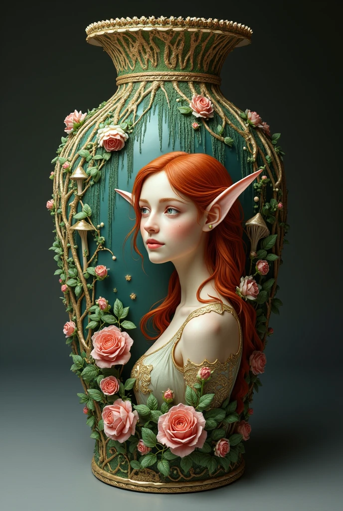 an epic vase depicting a beautiful female elf portrait, some roses decorate her, elf fantasy garden background