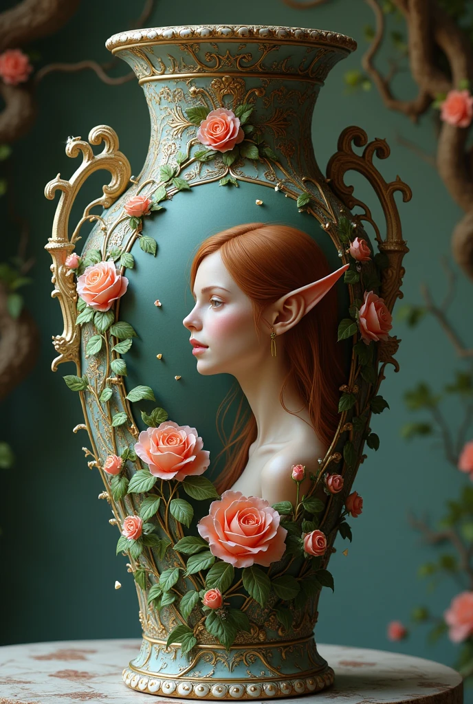 an epic vase depicting a beautiful female elf portrait, some roses decorate her, elf fantasy garden background