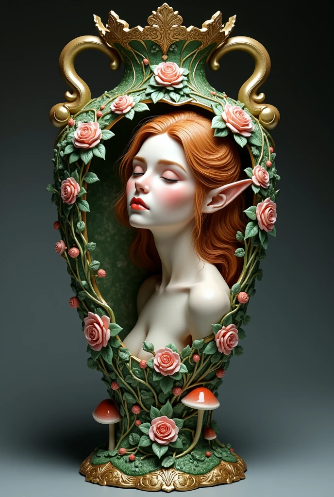 an epic vase depicting a beautiful female elf portrait, some roses decorate her, elf fantasy garden background