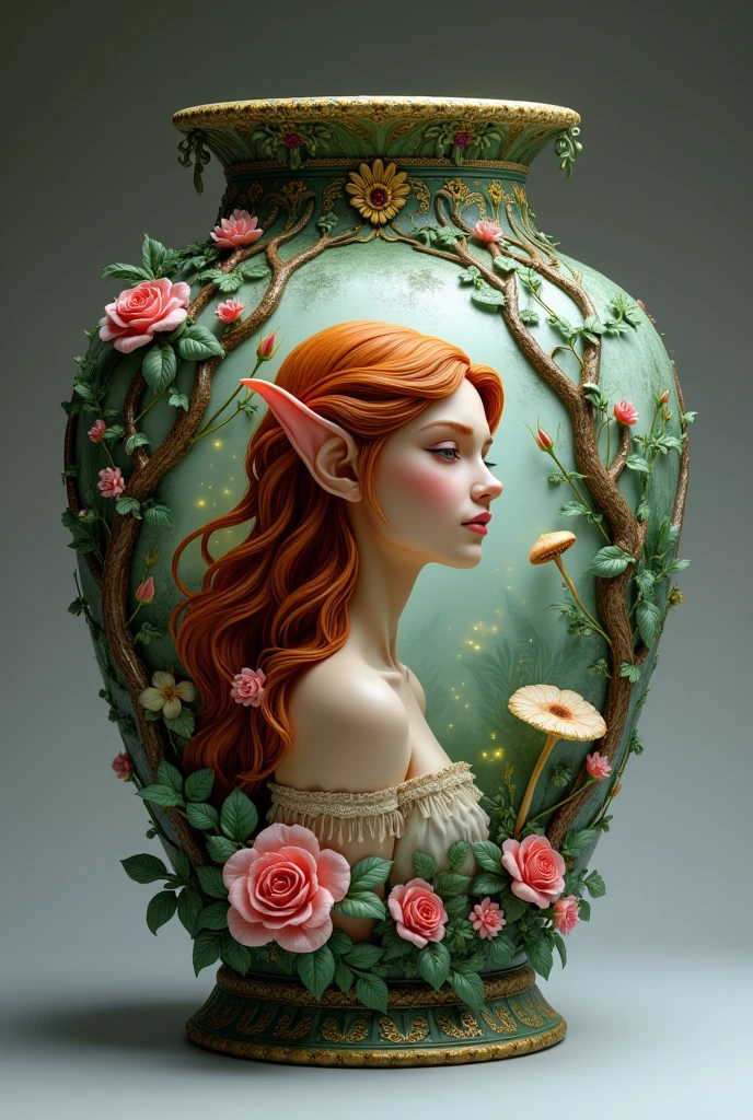 an epic vase that have a beautiful female elf queen portrait, small pointed ears, red hair color, long wavy hair,  busty,  some roses decorate the vase elf fantasy garden background