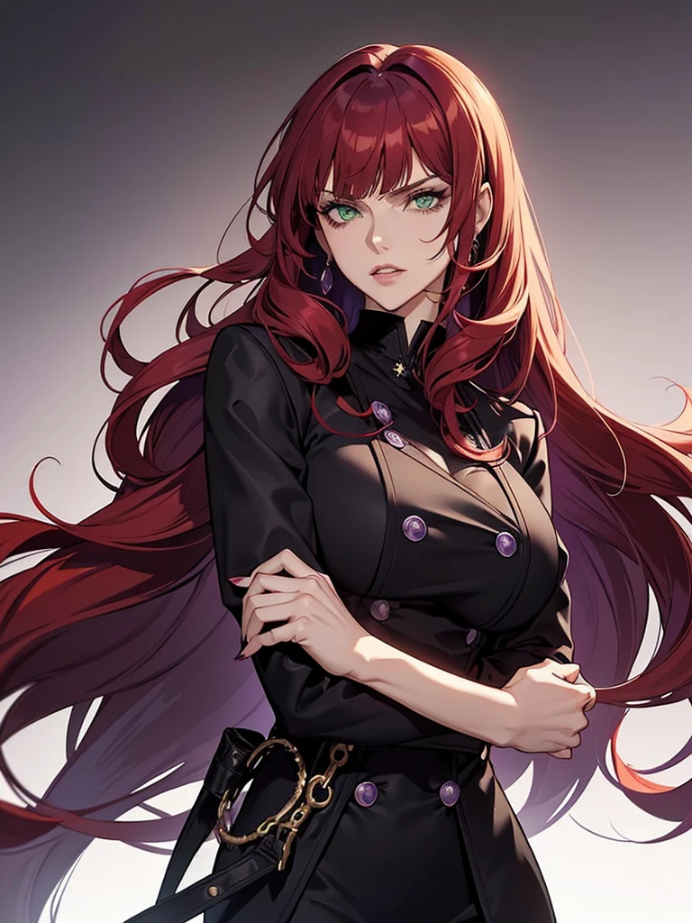 green eyes, red hair with long bangs, noble. sadistic women, wavy long hair. strong woman. purple jacket. she quiet. wear purple and black outfit. background in luxury mansion. dominant woman. mafia. mature woman. girl boss. badass woman. gangster
